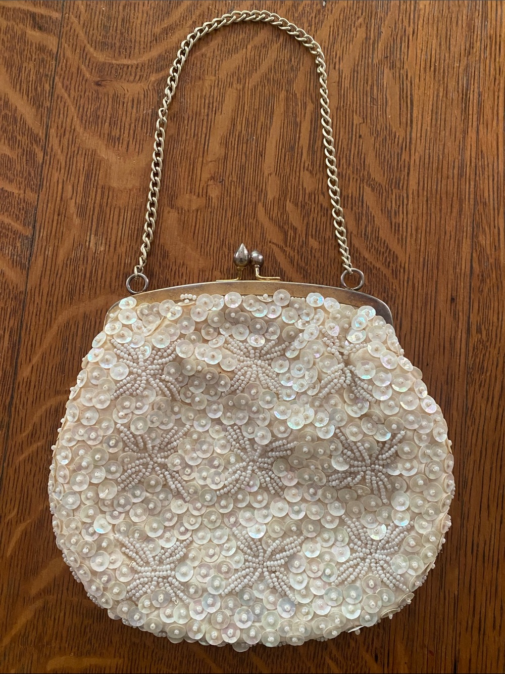 Vintage Ivory Sequin Beaded Evening Handbag with Gold Chain